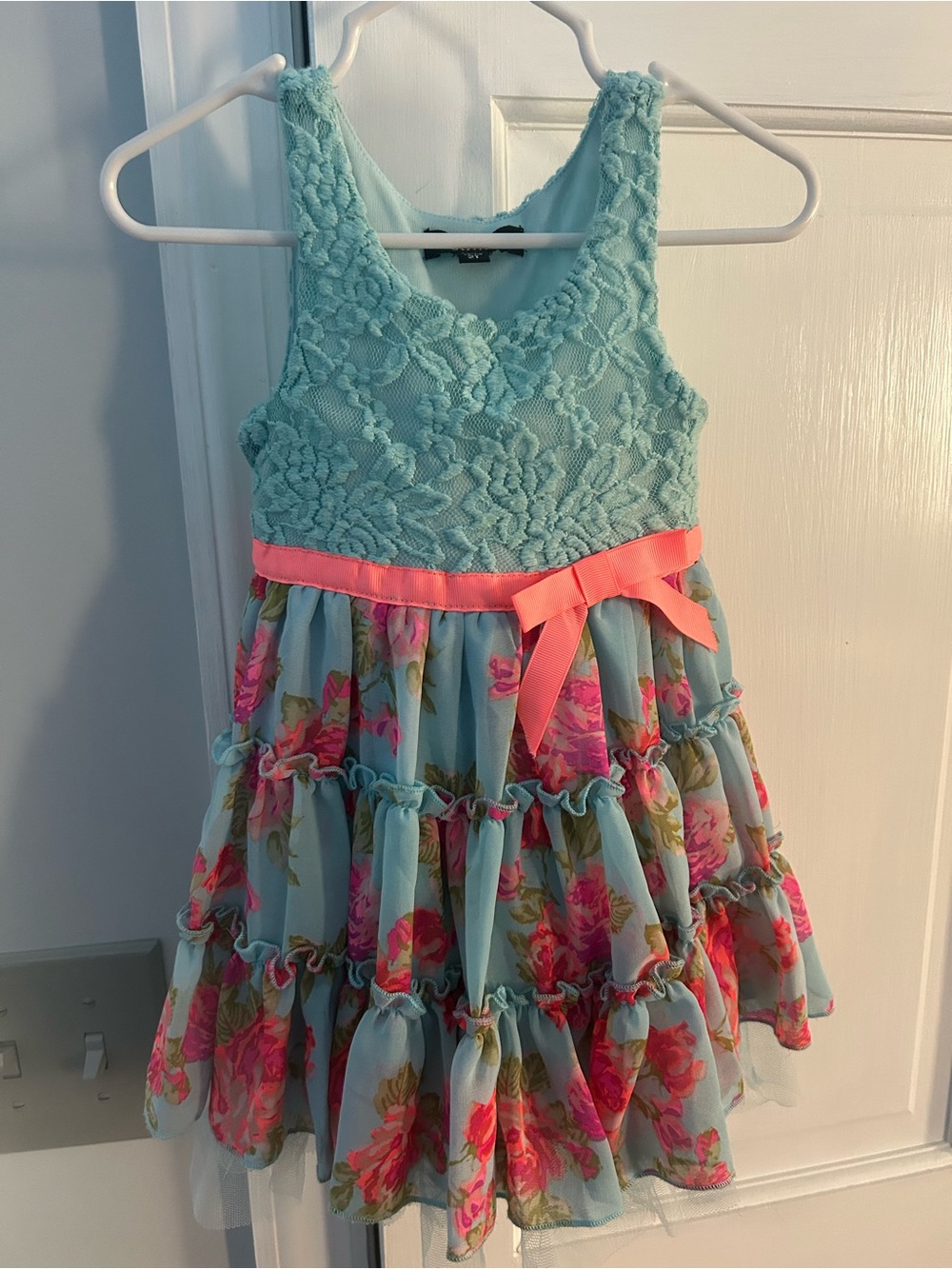 Zunie Aqua Lace & Floral Ruffle Dress with Pink Sash